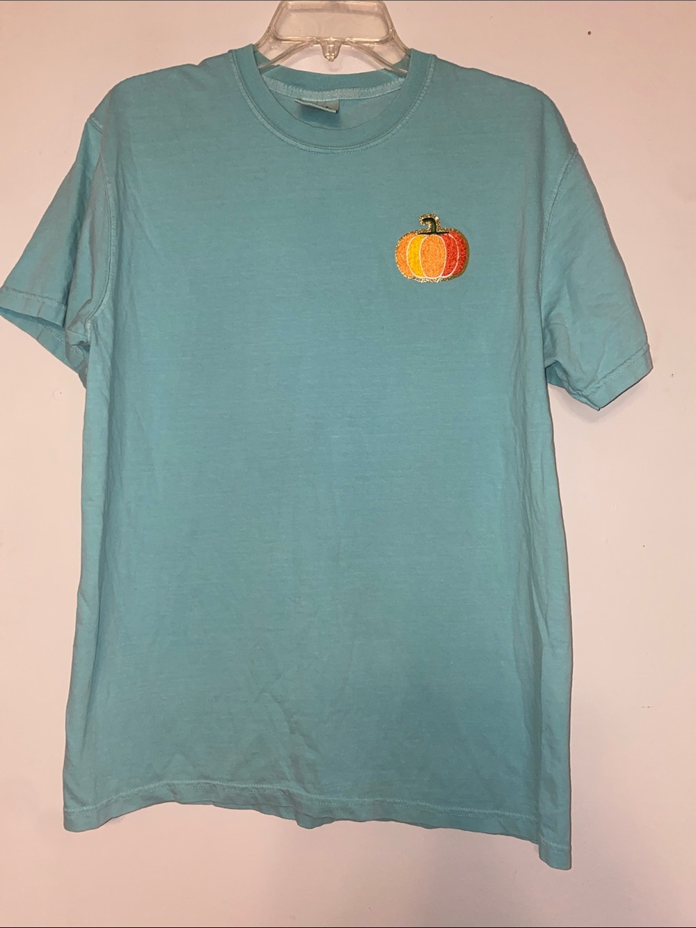 Comfort Colors Women's Aqua Blue Short Sleeve Tee with Pumpkin Patch Embroidery